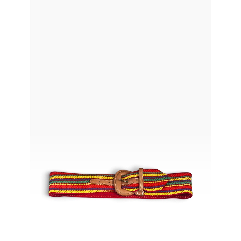 Vintage Woven Multi Color Striped Fabric Belt Tan Leather Buckle Boho Wide
